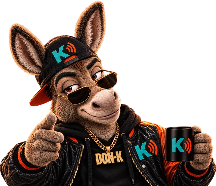 Don-K, the Kulture Kast host, giving a thumbs-up with his Kulture Kast mug
