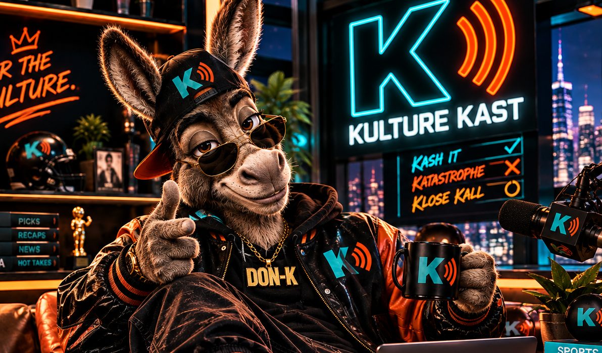 Don-K in the Kulture Kast studio, pointing at the camera with a Kulture Kast mug, under the neon Kash It, Katastrophe and Klose Kall board.